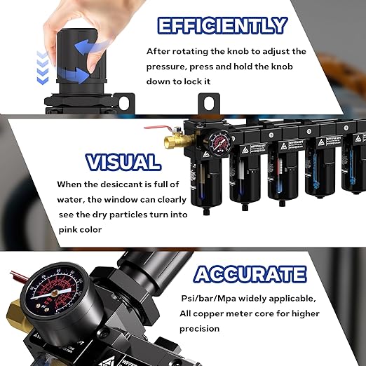1/2'' NPT 5 Stage Air Dryer for Compressor,5 &0.5 &0.01 Micron Filter Cartridge Air Drying System,Double Desiccant Dryers & Air Regulator,Metal Bowl, Semi-Auto Drain,Industrial Grade-Black