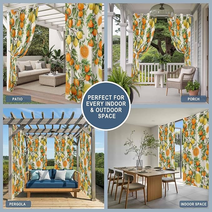 Lemons Yellow Orange Summer Plant Linen Outdoor Curtains for Patio Waterproof Outside Curtains with Grommet Top Weatherproof Curtain for Cabana Pergola Gazebo, 2 Pack, 54" W x 95" L