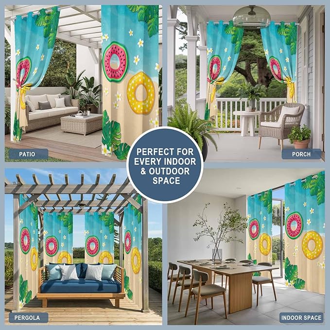 Summer Outdoor Curtains for Patio Plumeria Swimming Circles Ocean Beach Waterproof Outside Curtains with Grommet Top Weatherproof Curtain for Cabana Pergola Gazebo, 1 Panel, 54" W x 108" L