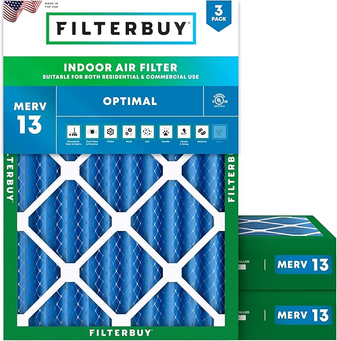 Filterbuy 18x20x4 Air Filter MERV 13 Optimal Smoke & Allergy Defense (3-Pack), Electrostatic Pleated HVAC AC Furnace Filters Replacement, Made in USA (Actual Size: 17.50 x 19.50 x 3.63)