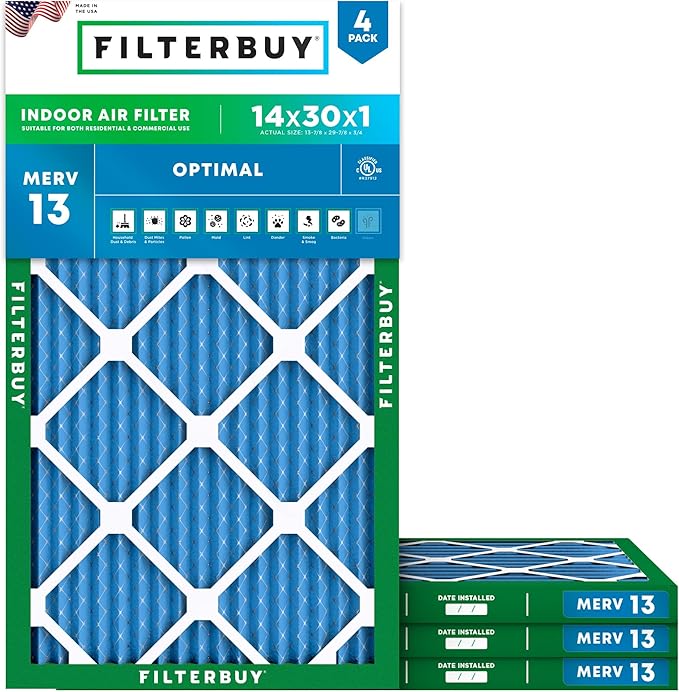Filterbuy 14x30x1 Air Filter MERV 13 Optimal Smoke & Allergy Defense (4-Pack), Electrostatic Pleated HVAC AC Furnace Filters Replacement, Made in USA (Actual Size: 13.88 x 29.88 x 0.75)