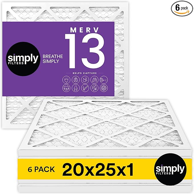 Simply 20x25x1 Air Filter, Merv 13, 6 Pack, For Home AC Furnace & HVAC (Actual Size: 19.75"x24.75"x0.75") DUST, Pet, & Allergy Control