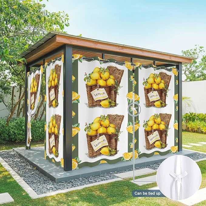 Lemon Outdoor Curtains for Patio Lemons in Baskets Summer Tropical Plants Green Waterproof Outside Curtains with Grommet Top Weatherproof Curtain for Cabana Pergola Gazebo, 2 Pack, 54" W x 95" L