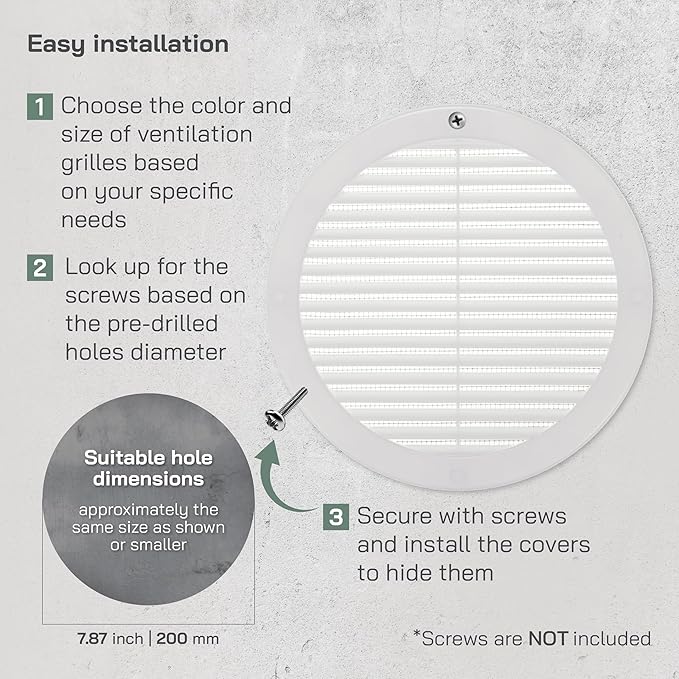 Vent Systems 8" Inch (Opening Dimensions) White Soffit Vent Cover - Plastic Round Air Vent Grille - Built-in Mesh Screen - HVAC Register Louver for Bathroom, Home, Kitchen