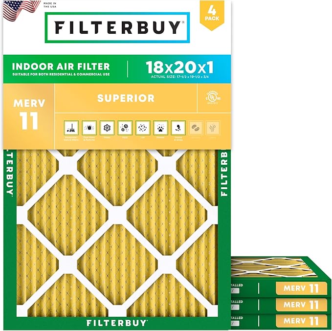 Filterbuy 18x20x1 Air Filter MERV 11 Superior Pet & Allergy Defense (4-Pack), Electrostatic Pleated HVAC AC Furnace Filters Replacement, Made in USA (Actual Size: 17.50 x 19.50 x 0.75)