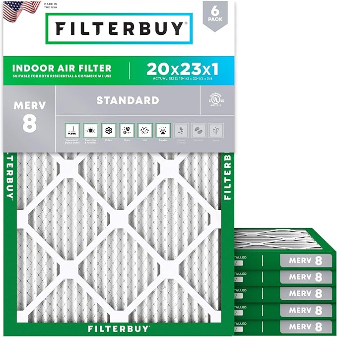 Filterbuy 20x23x1 Air Filter MERV 8 Essential Dust & Allergy Defense (6-Pack), Electrostatic Pleated HVAC AC Furnace Filters Replacement, Made in USA (Actual Size: 19.50 x 22.50 x 0.75)