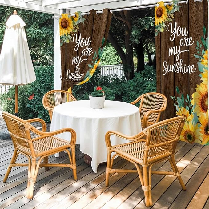 Summer Outdoor Curtains for Patio Sunflowers Eucalyptus Leaves Wood Waterproof Outside Curtains with Grommet Top Weatherproof Curtain for Cabana Pergola Gazebo, 1 Panel, 54" W x 95" L
