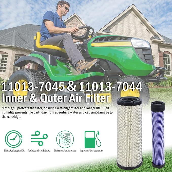 Kefly Inner & Outer Air Filter 11013-7044 11013-7045 Replaces Kawasaki 11013-7019, 11013-7020, Kohler 25 083 01, 25 083 04, Kubota TA040-93220, TA040-93230, John Deere M131802 M131803 (2 pcs)