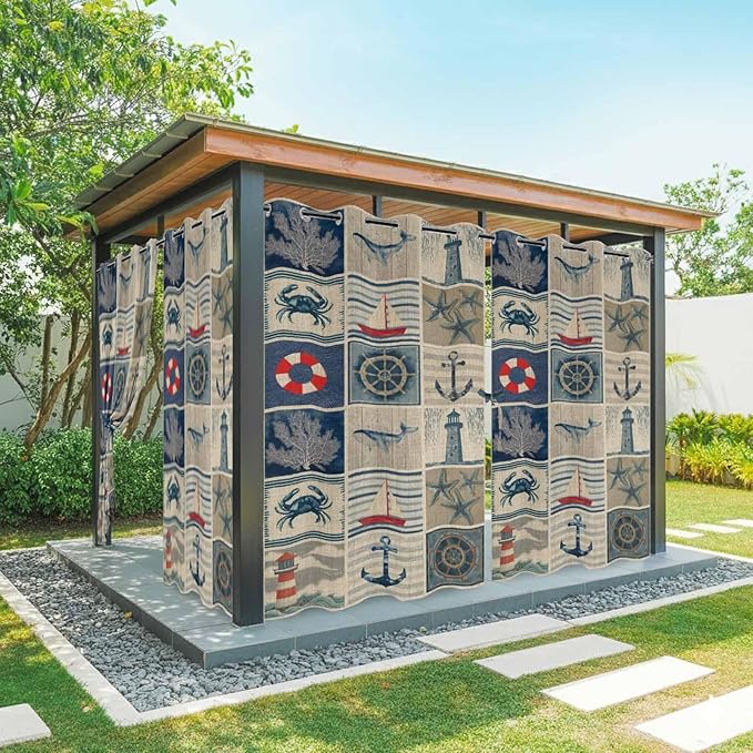 Oceans Outdoor Curtains for Patio Shell Starfish Whales Summer Vintage Waterproof Outside Curtains with Grommet Top Weatherproof Curtain for Cabana Pergola Gazebo, 1 Panel, 54" W x 108" L