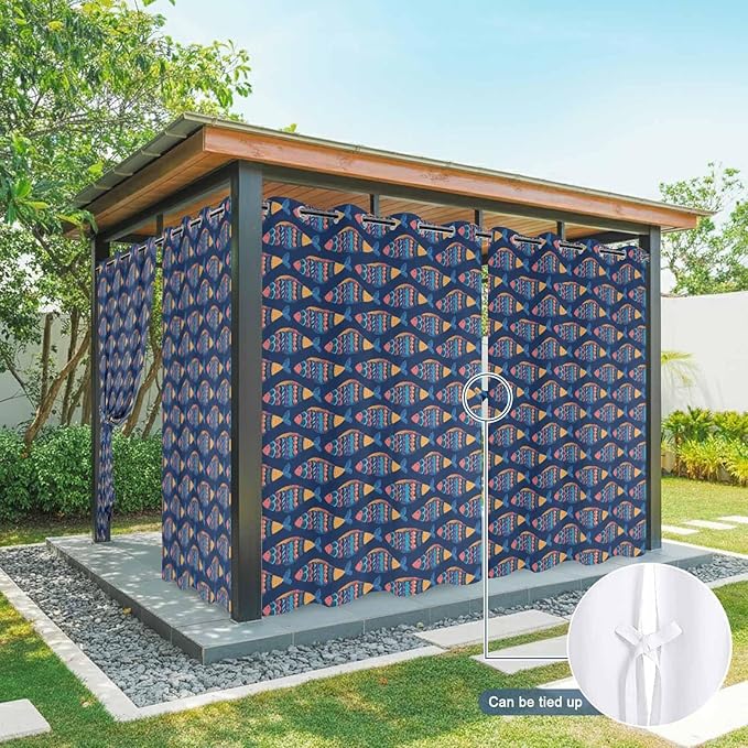 Fish Outdoor Curtains for Patio Vintage National Wind Fish Blue Waterproof Outside Curtains with Grommet Top Weatherproof Curtain for Cabana Pergola Gazebo, 1 Panel, 54" W x 108" L