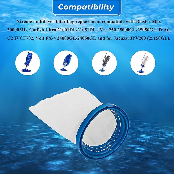 X-treme Multilayer Filter Bag, Compatible with Catfish Ultra,iVac 250,iVAC C2,Volt FX-4 and for Jacuzzi JPV200 Handheld Pool Vacuums (2 Pack, X-treme Multilayer Filter Bag)