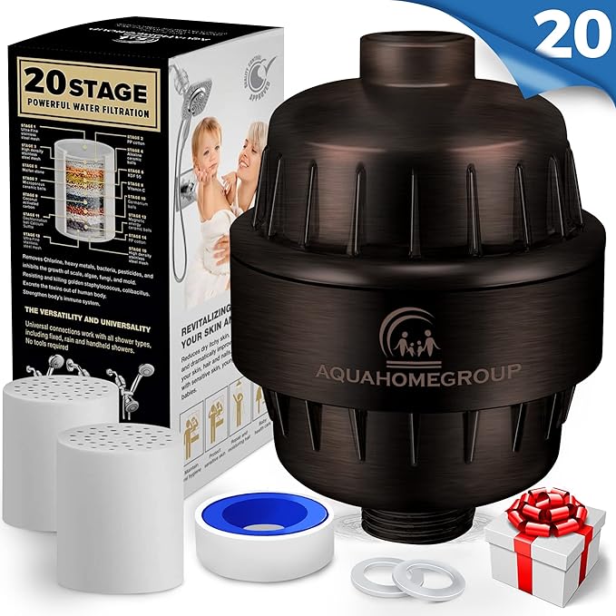 AquaHomeGroup 20 Stage Shower Head Filter with Vitamin C E A for Hard Water - High Output Filters to Remove Chlorine and Fluoride - 2 Cartridges Included - Consistent Flow Showerhead Filter