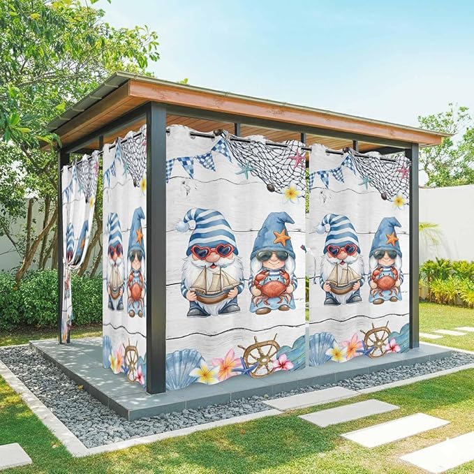 Ocean Gnome Outdoor Curtains for Patio Summer Marine Plumeria Shell Wooden Waterproof Outside Curtains with Grommet Top Weatherproof Curtain for Cabana Pergola Gazebo, 1 Panel, 54" W x 95" L