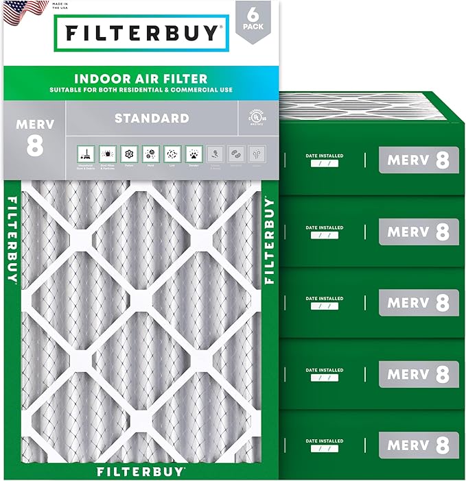 Filterbuy 16x30x4 Air Filter MERV 8 Essential Dust & Allergy Defense (6-Pack), Electrostatic Pleated HVAC AC Furnace Filters Replacement, Made in USA (Actual Size: 15.50 x 29.50 x 3.63)
