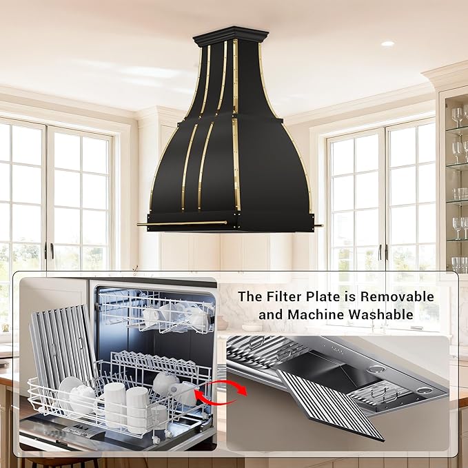 CHETTO C Stainless Steel Range Hood Cover with 4-Speed Vent Hood Insert Custom Handmade Metal Kitchen Fan with Towel Rack LED Light 42"W x27"D x39"H Black Island Mount