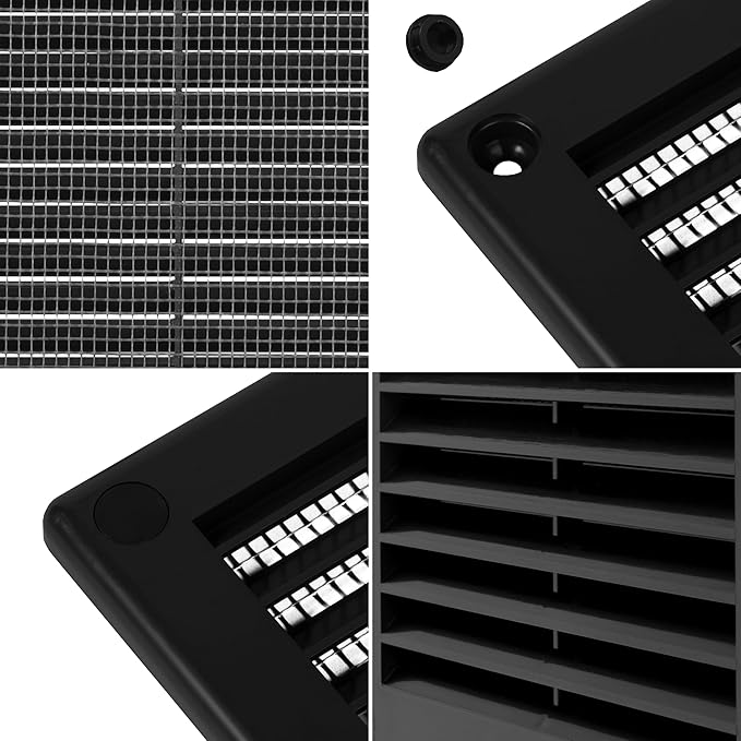 Repa Market 8 x 8 Inch (Outer) Black Square Air Vent Cover - Plastic Fresh Air Intake Vent - AC Cover with Nylon Mesh Screen, Wall, Ceiling HVAC Return Air Register, Modern Soffit Vents