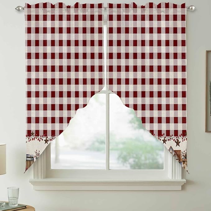 Swag Curtain Valances for Kitchen Windows,Farm Barn Western Star on Vintage Short Rod Pocket Window Valance,Red Buffalo Plaid Swag Topper for Bedroom Living Room,2 Panels 36x36in