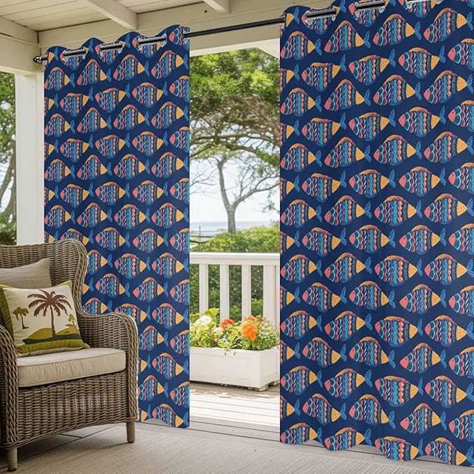 Fish Outdoor Curtains for Patio Vintage National Wind Fish Blue Waterproof Outside Curtains with Grommet Top Weatherproof Curtain for Cabana Pergola Gazebo, 1 Panel, 54" W x 95" L
