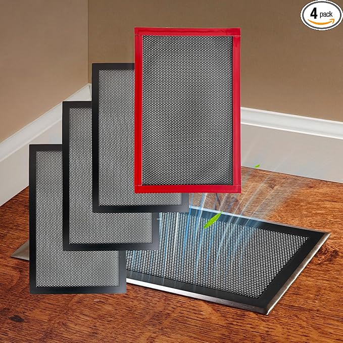 4 Packs Floor Register Vent Cover, 7"x13" Sticky Air Vent Screen Mesh Covers with Non-Magnetic Adhesive PET Gel - Securely Attaches to Plastic, Wood, Stone & More (Black)