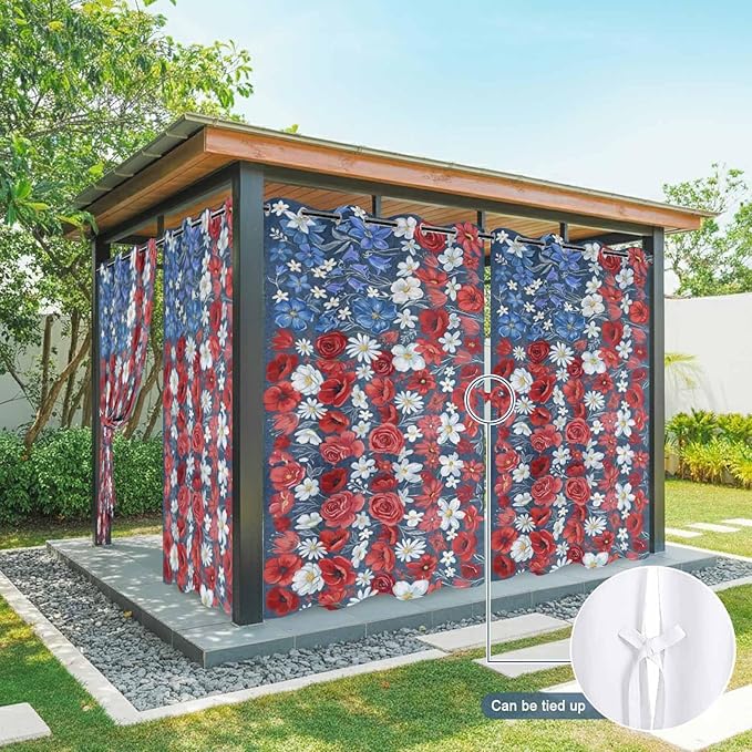 4th of July Outdoor Curtains for Patio Patriotic Flowers Farmhouse Red Waterproof Outside Curtains with Grommet Top Weatherproof Curtain for Cabana Pergola Gazebo, 2 Pack, 54" W x 108" L