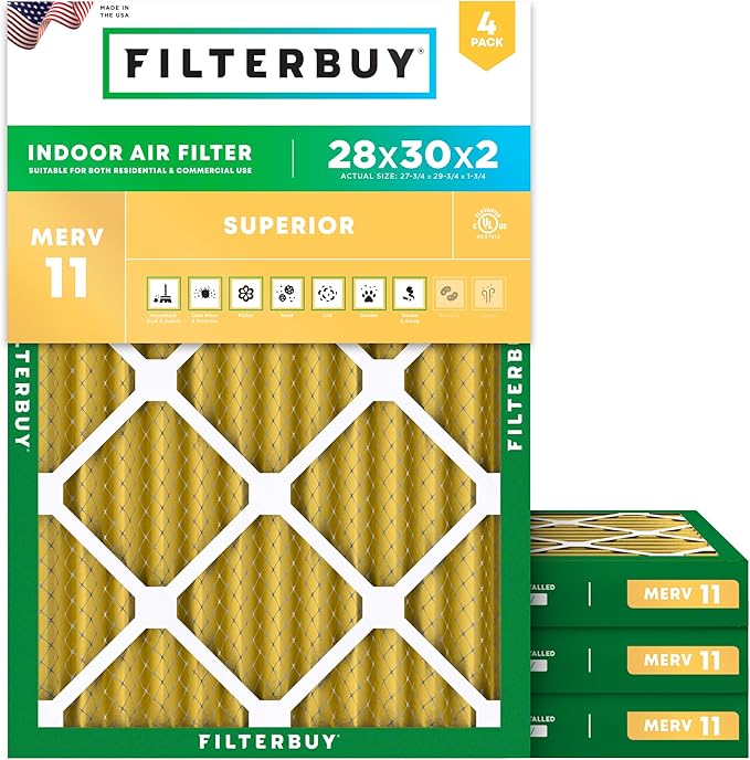 Filterbuy 28x30x2 Air Filter MERV 11 Superior Pet & Allergy Defense (4-Pack), Electrostatic Pleated HVAC AC Furnace Filters Replacement, Made in USA (Actual Size: 27.75 x 29.75 x 1.75)