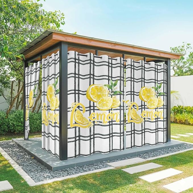 Lemon Outdoor Curtains for Patio Lemon Leaves Summer Plaid Buffalo Waterproof Outside Curtains with Grommet Top Weatherproof Curtain for Cabana Pergola Gazebo, 1 Panel, 54" W x 84" L