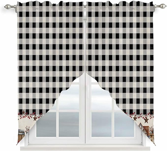 Swag Curtain Valances for Kitchen Windows,Farm Wooden House Black Buffalo Plaid Short Rod Pocket Window Valance,Western Star Swag Topper for Bedroom Living Room,2 Panels 36x36in