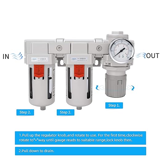 NANPU DFR-04 1/2" NPT Air Drying System - Double Air Filters, Air Pressure Regulator Combo - Semi-Auto Drain, Poly Bowl