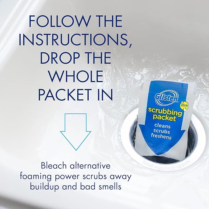 Glisten Garbage Disposer Cleaner and Freshener, Sink Disposal Odor Eliminator with Foaming Action, Lemon Scent, Made in the USA, 4 Packets