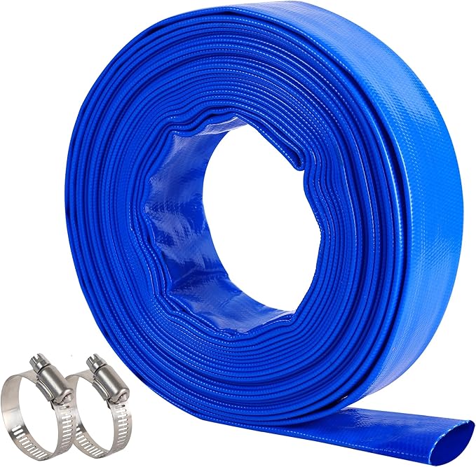 2" x 50 FT Pool Backwash Hose Blue Heavy Duty Reinforced PVC Lay Flat Water Discharge Hose for Swimming Pool Filter Pump,with 2 Clamp