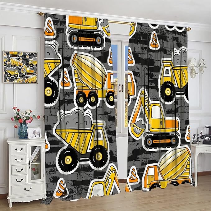 Kids Construction Excavator Window Curtains, Yellow Excavator Transporter Truck Cartoon Vehicles Rod Pocket Decorative Window Curtain for Children Teens Room 42x54in (30% Blackout)
