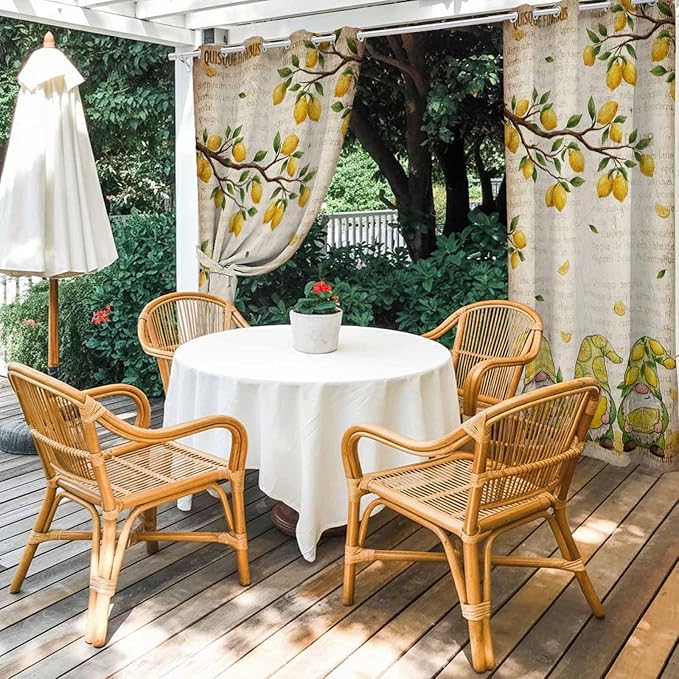 Summer Gnome Outdoor Curtains for Patio Gnome Lemon Leaf Vintage Waterproof Outside Curtains with Grommet Top Weatherproof Curtain for Cabana Pergola Gazebo, 2 Pack, 54" W x 95" L