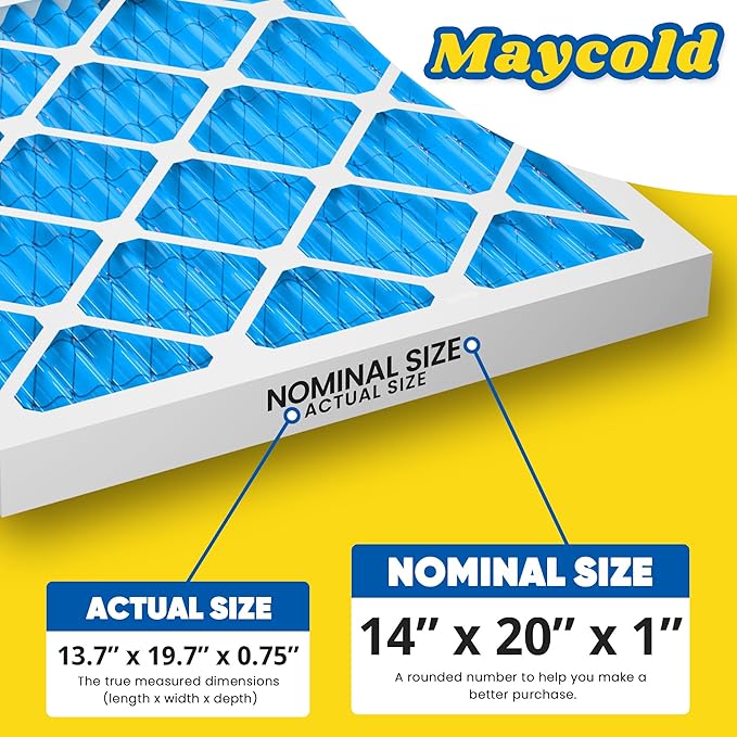Maycold 14x20x1 MERV 11 Furnace Air Filter (6-Pack), High-Performance HVAC AC Filters for Home Use, Actual Size: 13.70” x 19.70” x 0.75”, Individually Wrapped in Plastic