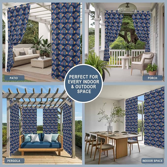 Fish Outdoor Curtains for Patio Vintage National Wind Fish Blue Waterproof Outside Curtains with Grommet Top Weatherproof Curtain for Cabana Pergola Gazebo, 1 Panel, 54" W x 95" L