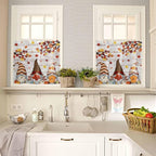 Fall Gnomes Kitchen Curtain Set, Thanksgiving Maple Leaf Grey Wood Grain Window Valance and Tiers 24" Length, Light Filtering Short Curtains Valance for Cafe Bathroom Bedroom 54"x18"