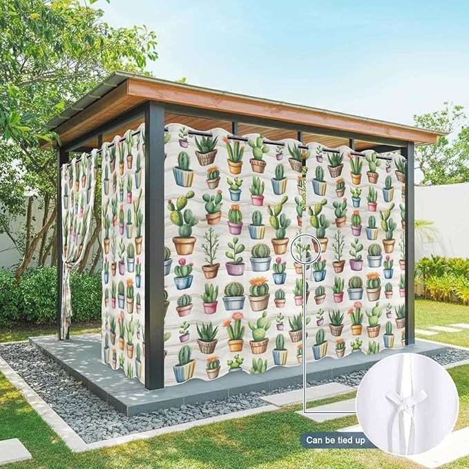 Summer Cactus Outdoor Curtains for Patio Cactus Tropical Plant Wooden Waterproof Outside Curtains with Grommet Top Weatherproof Curtain for Cabana Pergola Gazebo, 1 Panel, 54" W x 108" L
