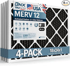 BNX TruFilter 18x24x1 MERV 12 Odor Defense (4-Pack) AC Furnace Air Filter with Activated Carbon - MADE IN USA - Pleated Air Conditioner HVAC AC Furnace Filters - Removes Odor, Mold, Bacteria, Smoke