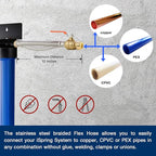 iSpring WGB22BM+AHPF12MNPT16X2 2-Stage Whole House Water Filtration System with 20” x 4.5” Carbon Block and Iron & Manganese Reducing Filters and 3/4" Push-fit Stainless Steel Hose Connectors, Blue