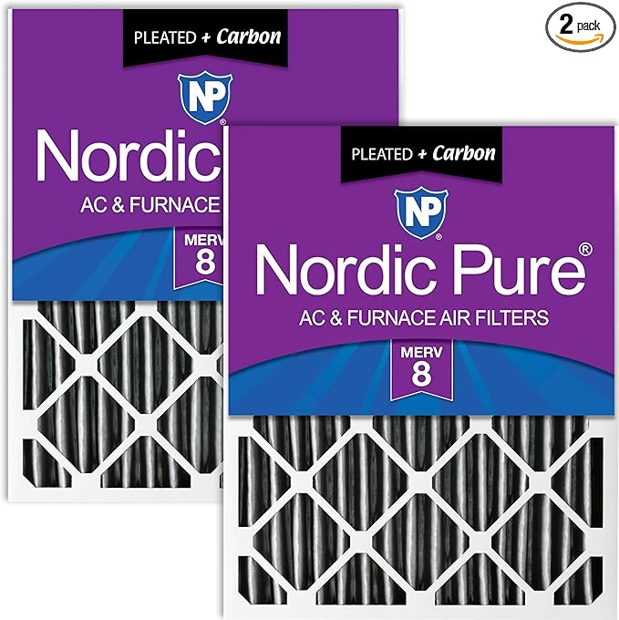 Nordic Pure 16x25x4 (Actual Size: 15 1/2 x 24 1/2 x 3 5/8) Pleated Plus Carbon Air Filters MERV 8 2 Pack