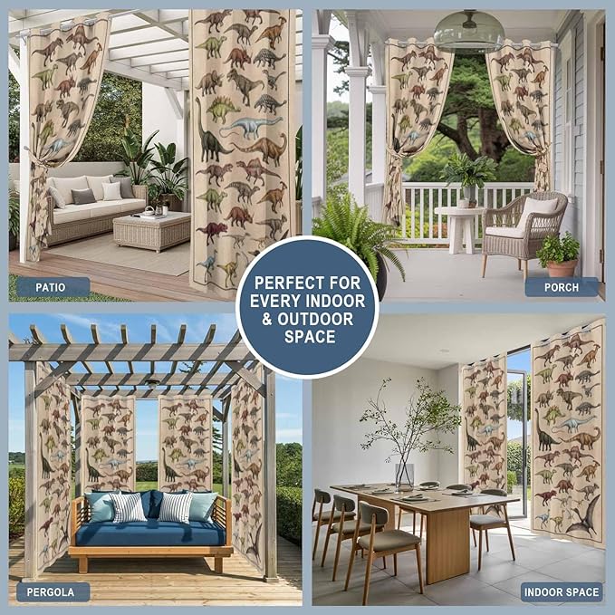 Vintage Outdoor Curtains for Patio Dinosaurs Biographies Retro Waterproof Outside Curtains with Grommet Top Weatherproof Curtain for Cabana Pergola Gazebo, 2 Pack, 54" W x 95" L