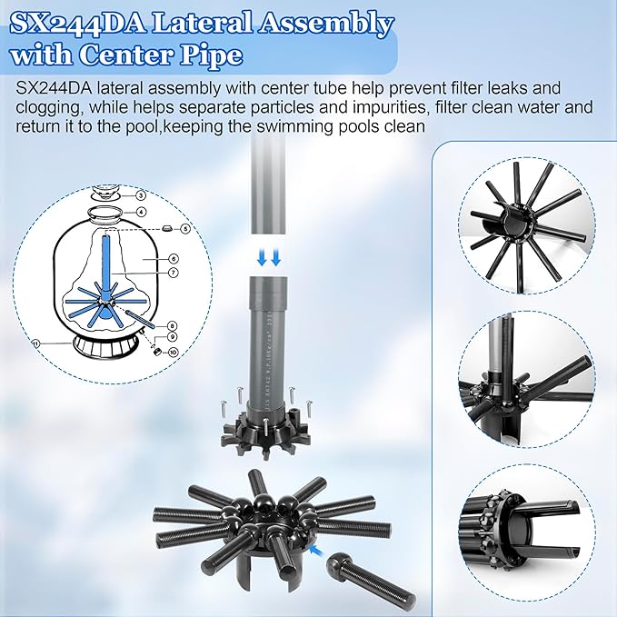 SX244DA Lateral Assembly with Center Pipe Compatible with Hayward s244t Sand Filter Tank, Threaded Lateral Assembly for Hayward S244TC, S270T, S270T2, Spa Pool Sand Filter Replacement Parts