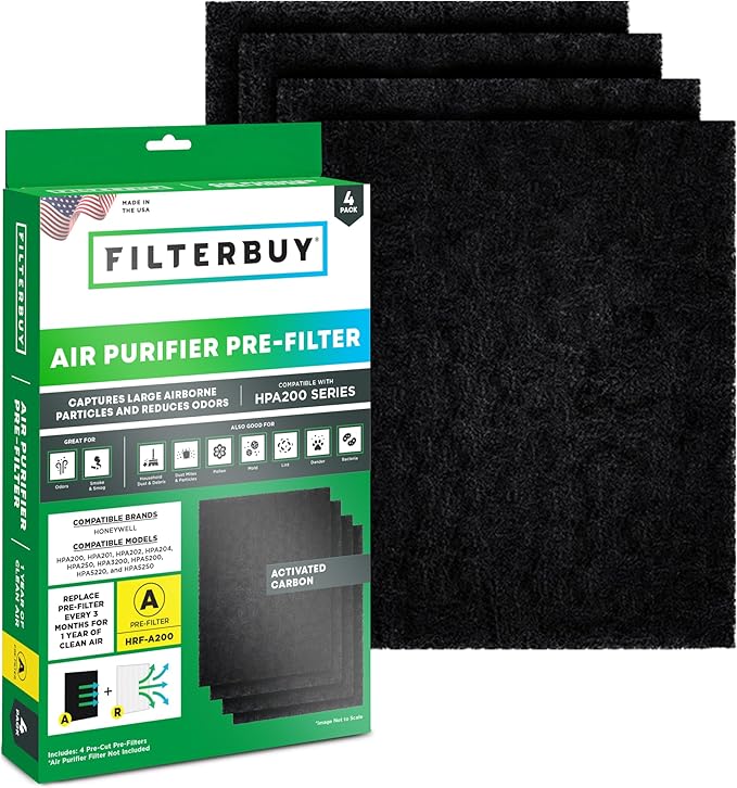 Filterbuy Activated Carbon Pre-Cut Filter HRF-A200 Replacement for Honeywell Air Purifier (4-Pack, Made in USA)