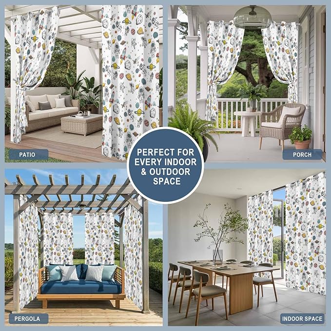Cartoon Space Outdoor Curtains for Patio Astronauts Spacecraft Rockets Waterproof Outside Curtains with Grommet Top Weatherproof Curtain for Cabana Pergola Gazebo, 2 Pack, 54" W x 84" L
