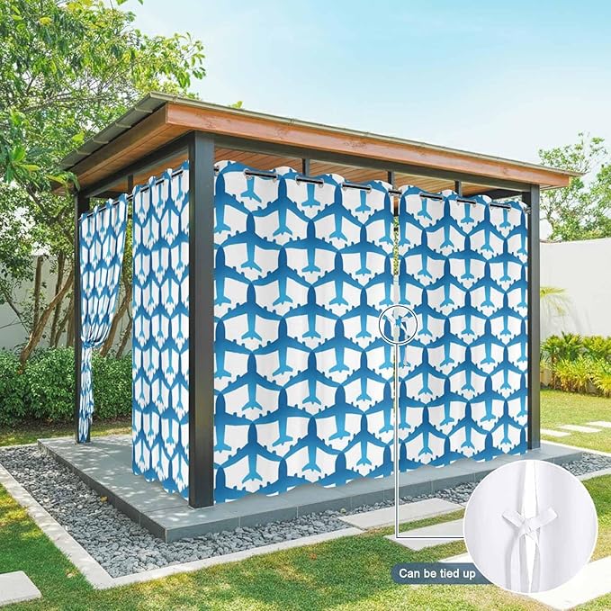 Blue Aircraft Waterproof Outdoor Curtains for Patio, Windproof Weatherproof Curtains with Weighted Hem, Modern Abstract Art Gradient Airplane Light Filtering Privacy Drapes for Porch 54"x 84" 2 Panels