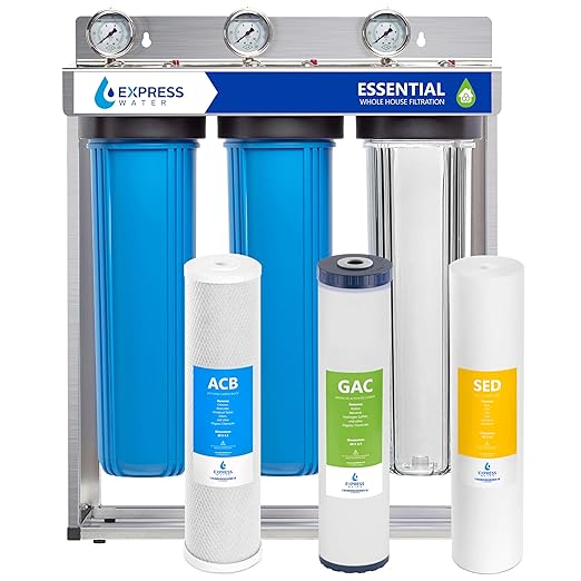 Express Water Whole House Water Filter System | ESSENTIAL | 3 Stage Whole Home Filter, Top-Tier Filters Produce Overachieving H2O, Significantly Reduces Chlorine & Sulfur Smell/Taste, Healtheir Skin