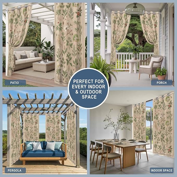 Vintage Outdoor Curtains for Patio Grass Herbal Botanical Garden Plants Waterproof Outside Curtains with Grommet Top Weatherproof Curtain for Cabana Pergola Gazebo, 1 Panel, 54" W x 95" L