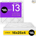 Simply 16x25x4 Air Filter, MERV 13, 4 Pack, Furnace Air Filter for HVAC (Actual Size: 16.5"x25.5"x3.63") DUST, Pet & Allergy Control