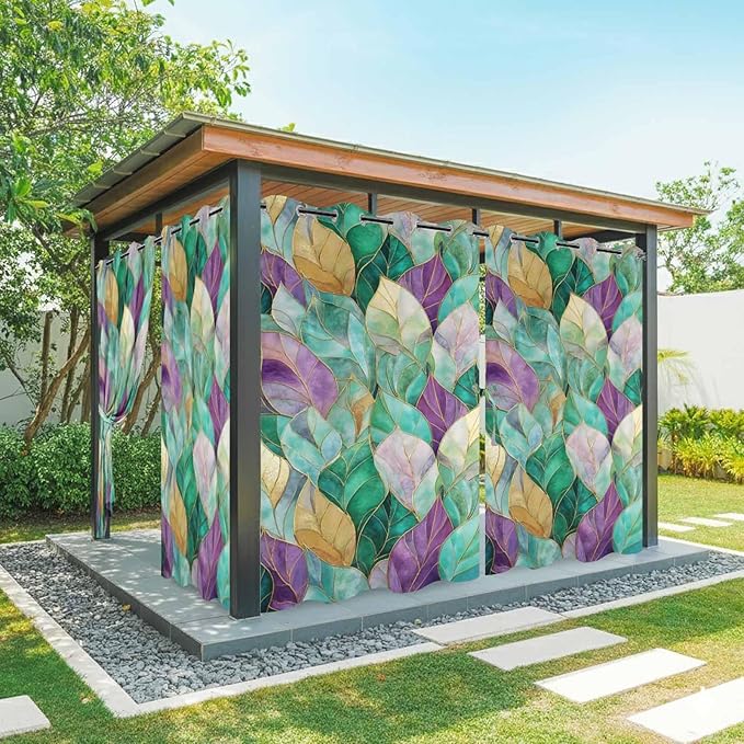 Leaves Outdoor Curtains for Patio Gorgeous Leaf Abstract Spring Waterproof Outside Curtains with Grommet Top Weatherproof Curtain for Cabana Pergola Gazebo, 2 Pack, 54" W x 95" L