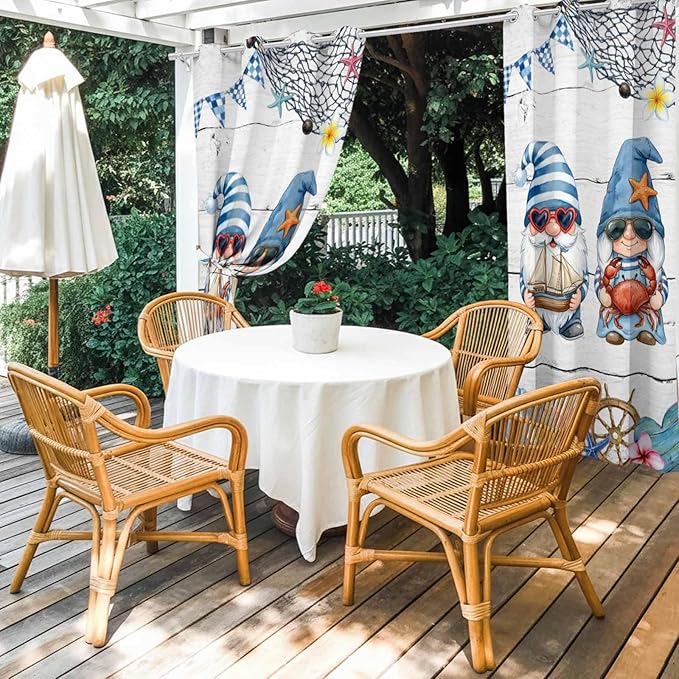 Ocean Gnome Outdoor Curtains for Patio Summer Marine Plumeria Shell Wooden Waterproof Outside Curtains with Grommet Top Weatherproof Curtain for Cabana Pergola Gazebo, 1 Panel, 54" W x 95" L