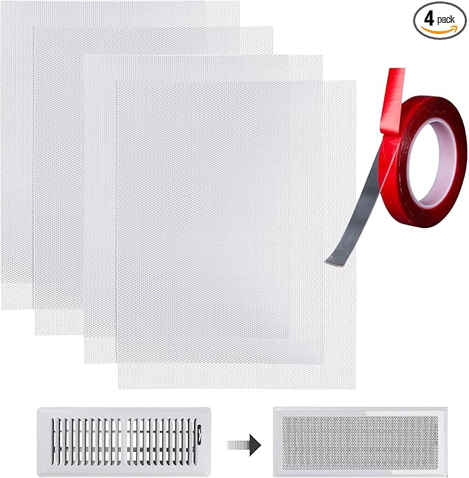 DIY Vent Cover Kit, 13.8"x11.8" Mesh Screen (4 Packs) & 16.4FT Strong Residue-Free Adhesive Tape, Bonds to Wood/Plastic & More（White）